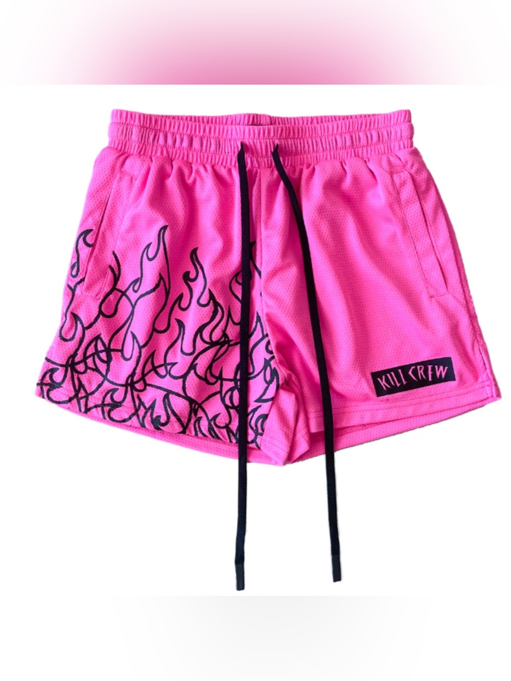 Kill Crew Unisex Muay Thai Flame Shorts Mid Thigh Cut Pink Black Size Small